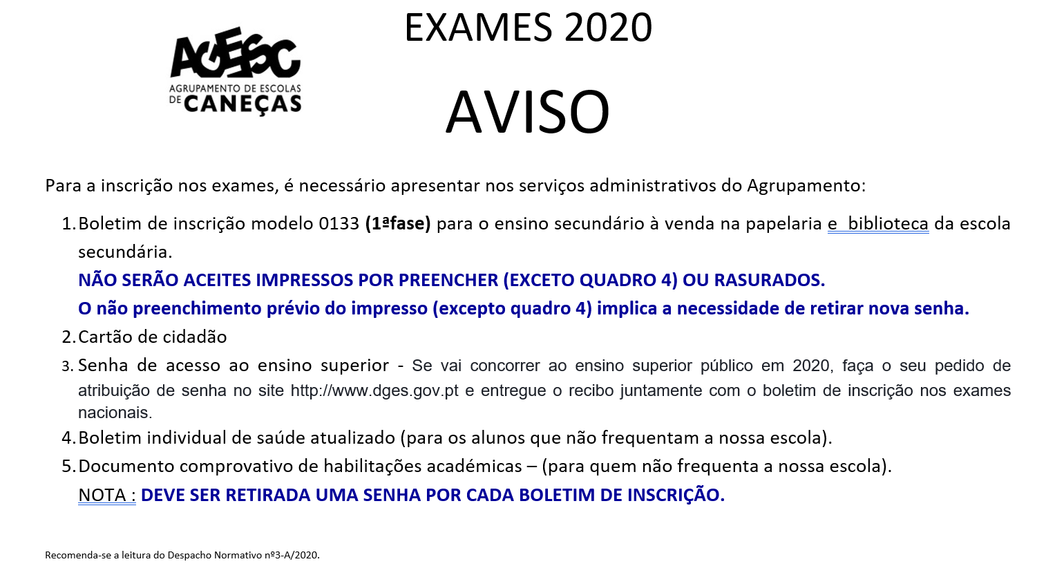 aviso inscricoes exames provas