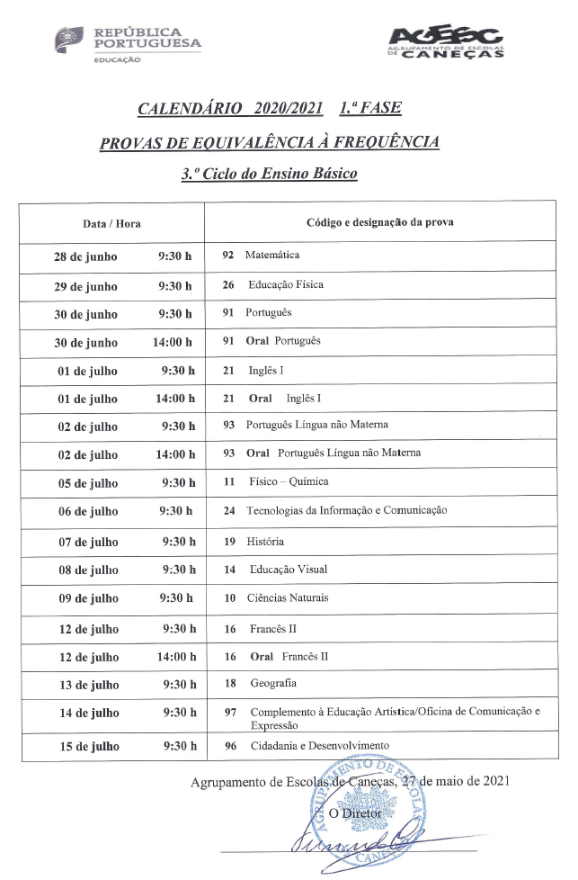 Calendarizacao PEF 3ciclo 1 fase