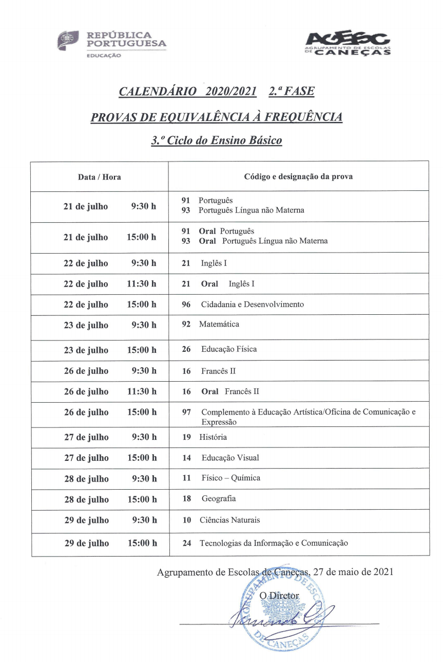 Calendarizacao PEF 3ciclo 2 fase