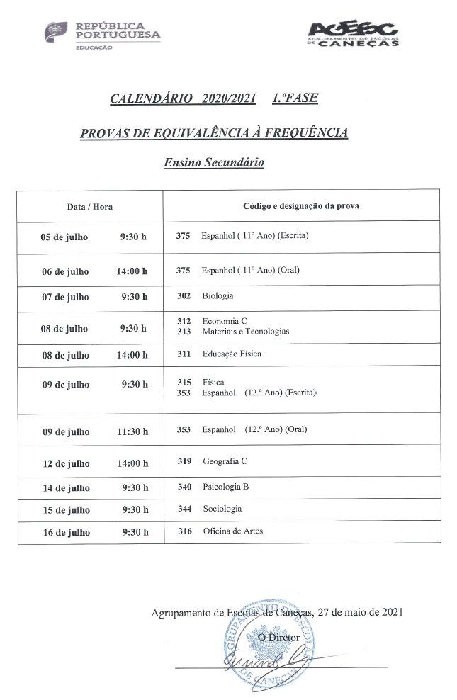 Calendarizacao PEF Secundario 1 fase