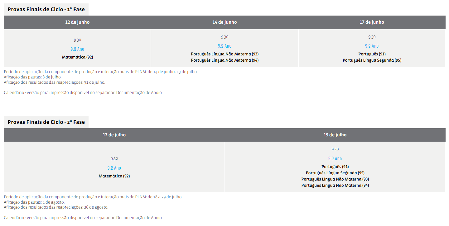 calendario provas afericao ensino basico