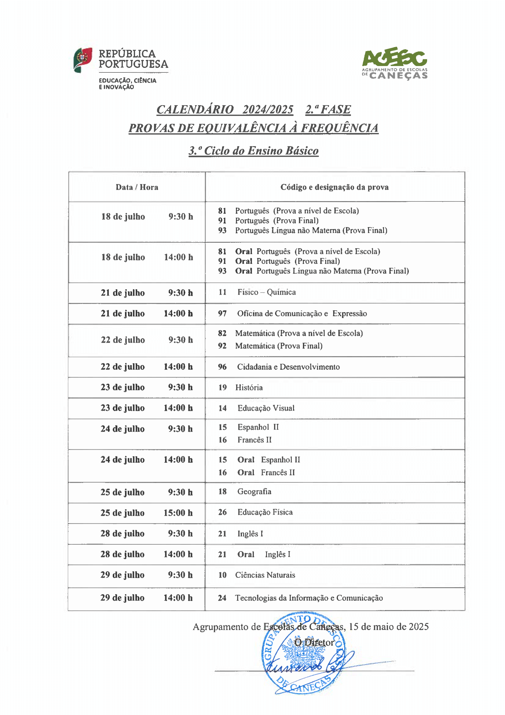 Calendario PEF 3 ciclo 2 Fase 2025