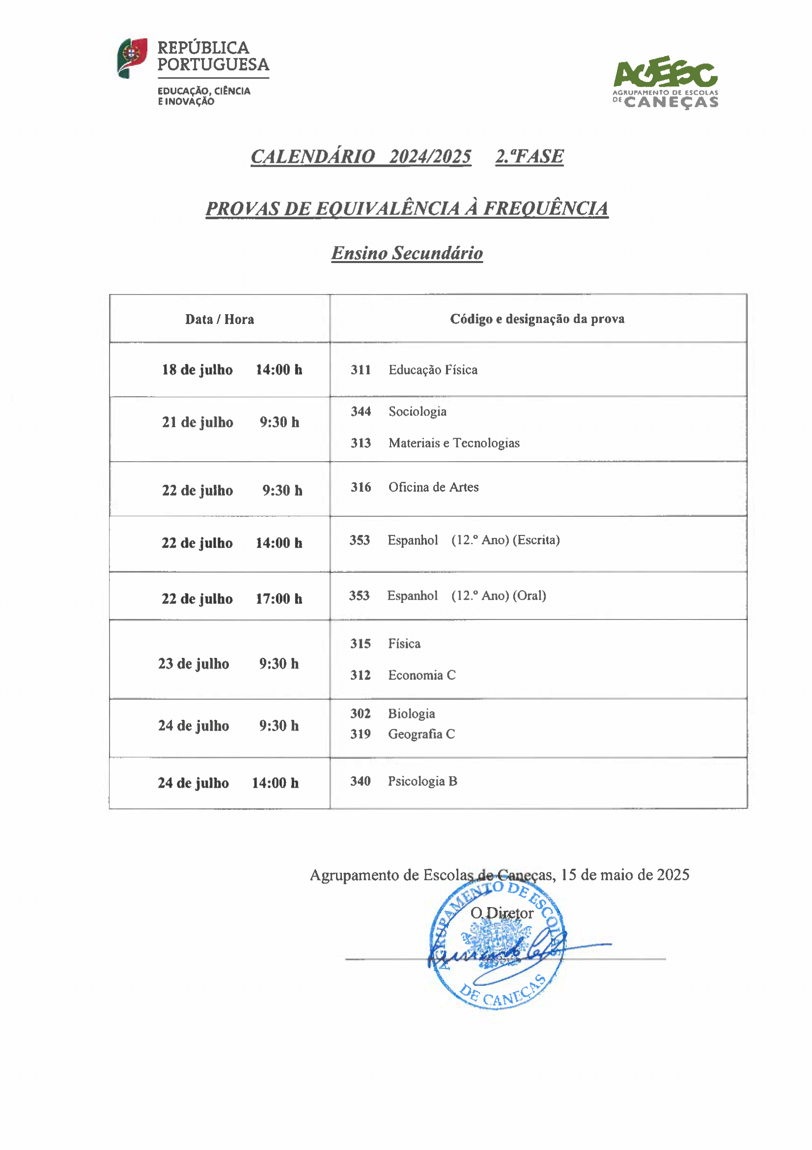 Calendario PEF Secundario 2 Fase 2025