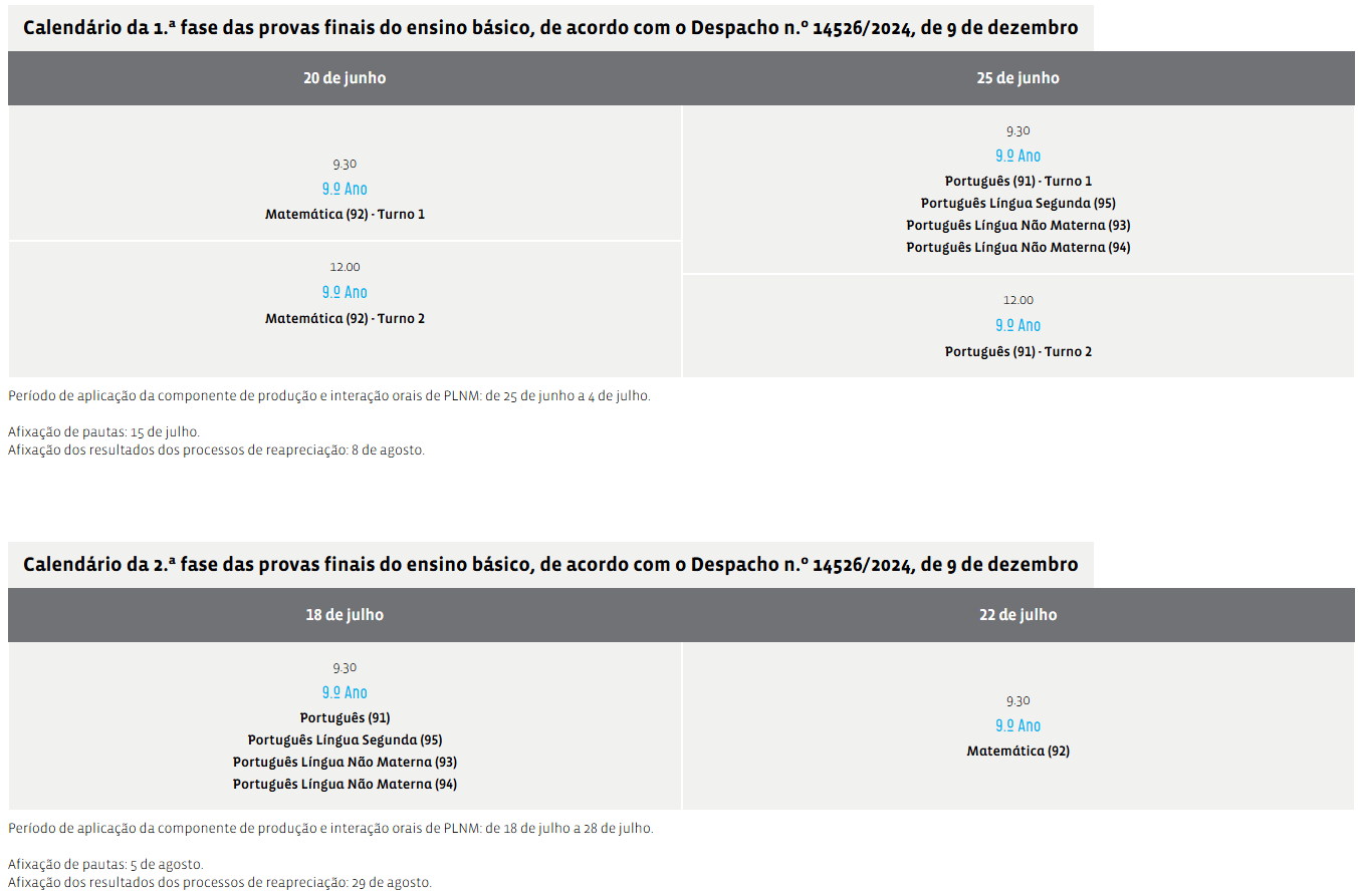 calendario provas afericao ensino basico