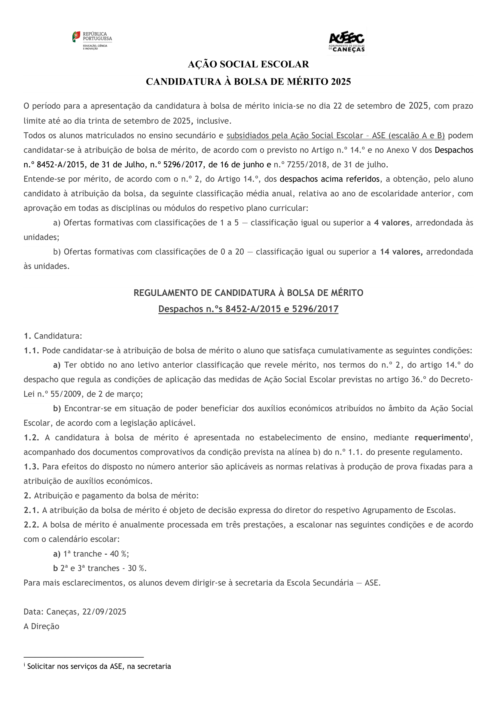Bolsas merito regulamento candidatura 2025 2026