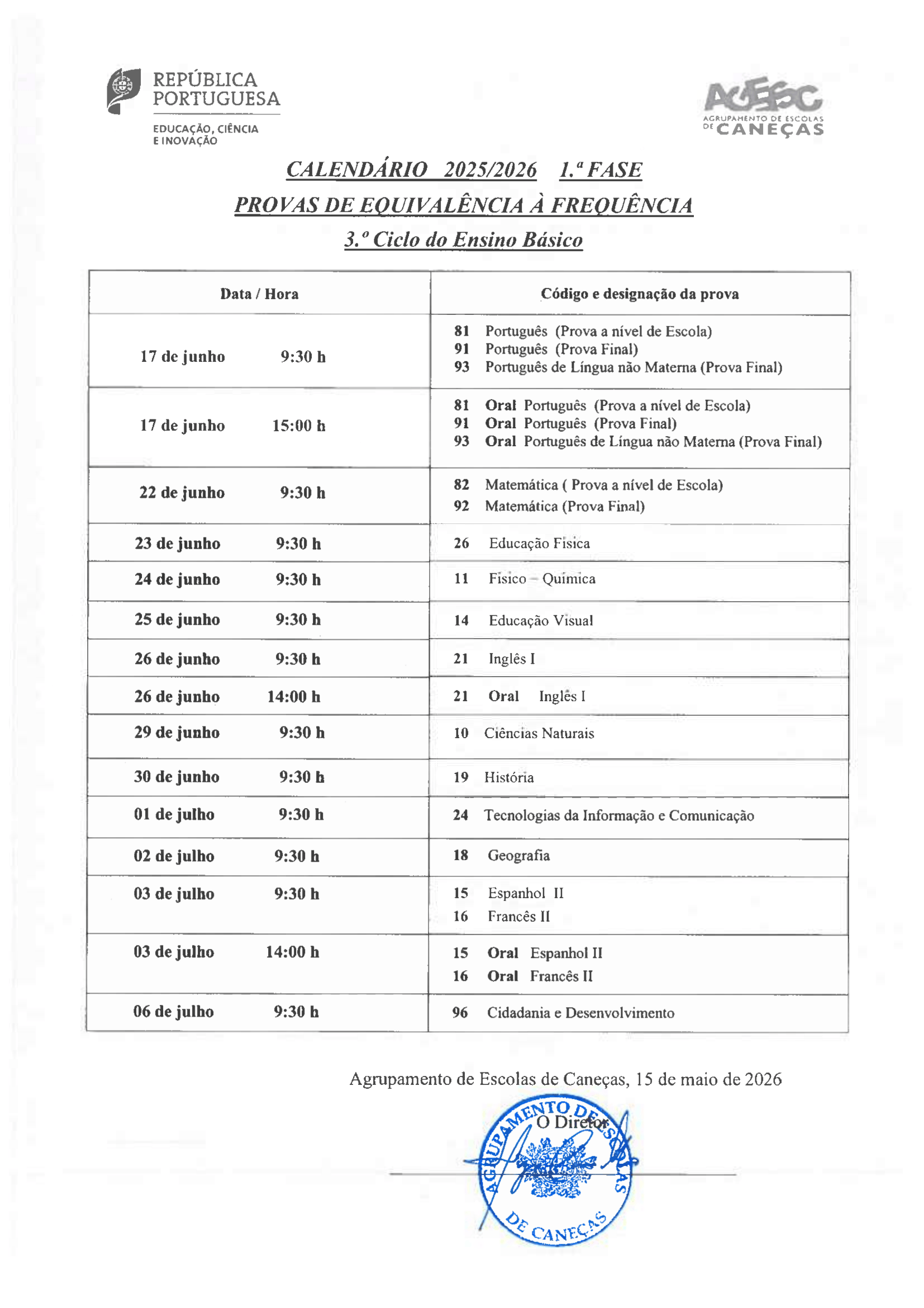 Calendario PEF 3 ciclo 2 Fase 2025