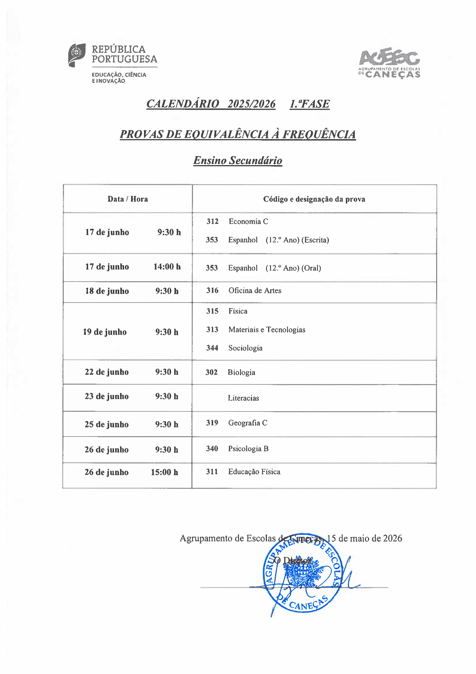 Calendario PEF Secundario 2 Fase 2025